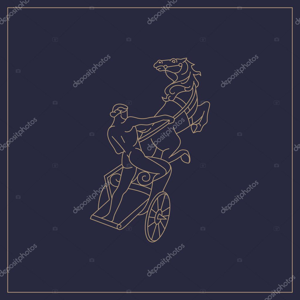 Greek god apollo line art template vector illustration design. minimalist god apollo riding horse carriage marble base