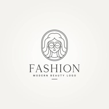 Minimalist kadının yüzü modern moda rozet çizgisi simgesi logo tasarımı vektör illüstrasyon tasarımı. Gözlük rozeti logosu olan modern bir kadın yüzü.