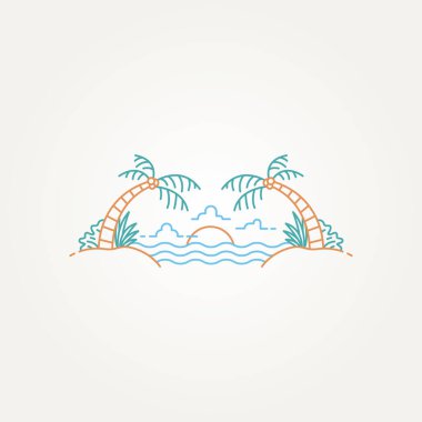 Minimalist yaz tropikal ada çizgisi sanat simgesi logosu vektör illüstrasyon tasarımı. Palmiye ağacı ve günbatımı sembolü logosu olan basit bir tropik plaj tatili.