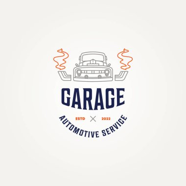 Eski model araba tamiri, sanat simgesi logosu, vektör çizimi tasarımı. Turbo motor restorasyon dükkanı logosu olan klasik bir araba kamyonu.