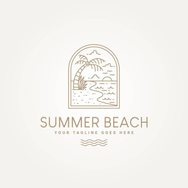 Minimalist yaz plajı titreşimleri rozet çizgisi sanat simgesi logo etiketi tasarımı vektör çizimi tasarımı. Palmiye, güneş ve deniz amblemi logosu olan basit bir yaz plajı.