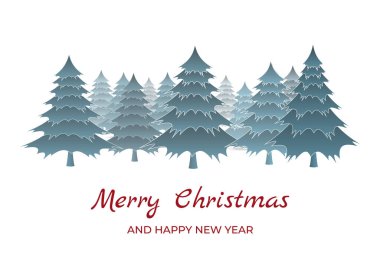 Mutlu Noeller ve mutlu yıllar tebrik kartı. Beyaz arka planda Noel ağaçları.