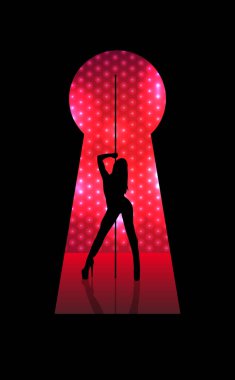 Kilitte striptiz yapan seksi bir genç kadının resmi.