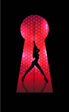 Kilitte striptiz yapan seksi bir genç kadının resmi.