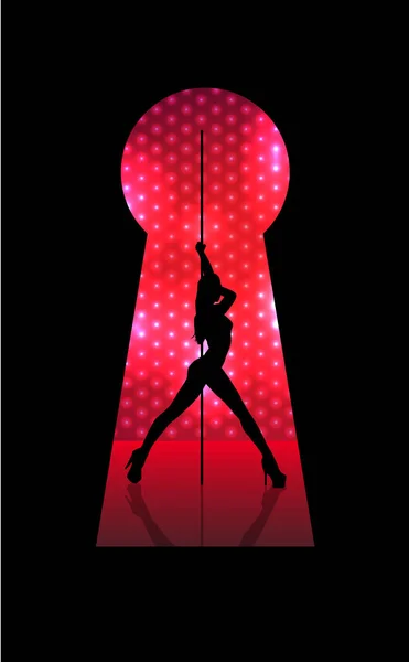 Kilitte striptiz yapan seksi bir genç kadının resmi.