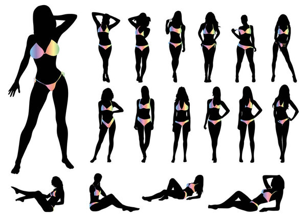 Collection of women in bikini on white background.Set of bikini girl silhouette