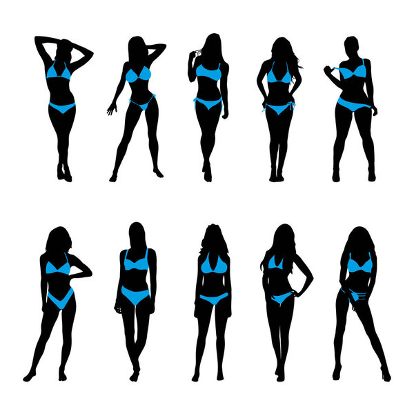 Collection of women in bikini on white background.Set of bikini girl silhouette
