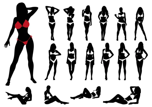 Colección Mujeres Bikini Sobre Fondo Blanco Conjunto Silueta Chica Bikini — Archivo Imágenes Vectoriales