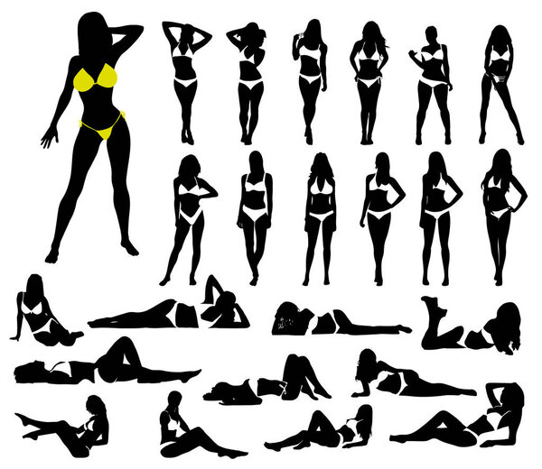 Collection of women in bikini on white background.Set of bikini girl silhouette