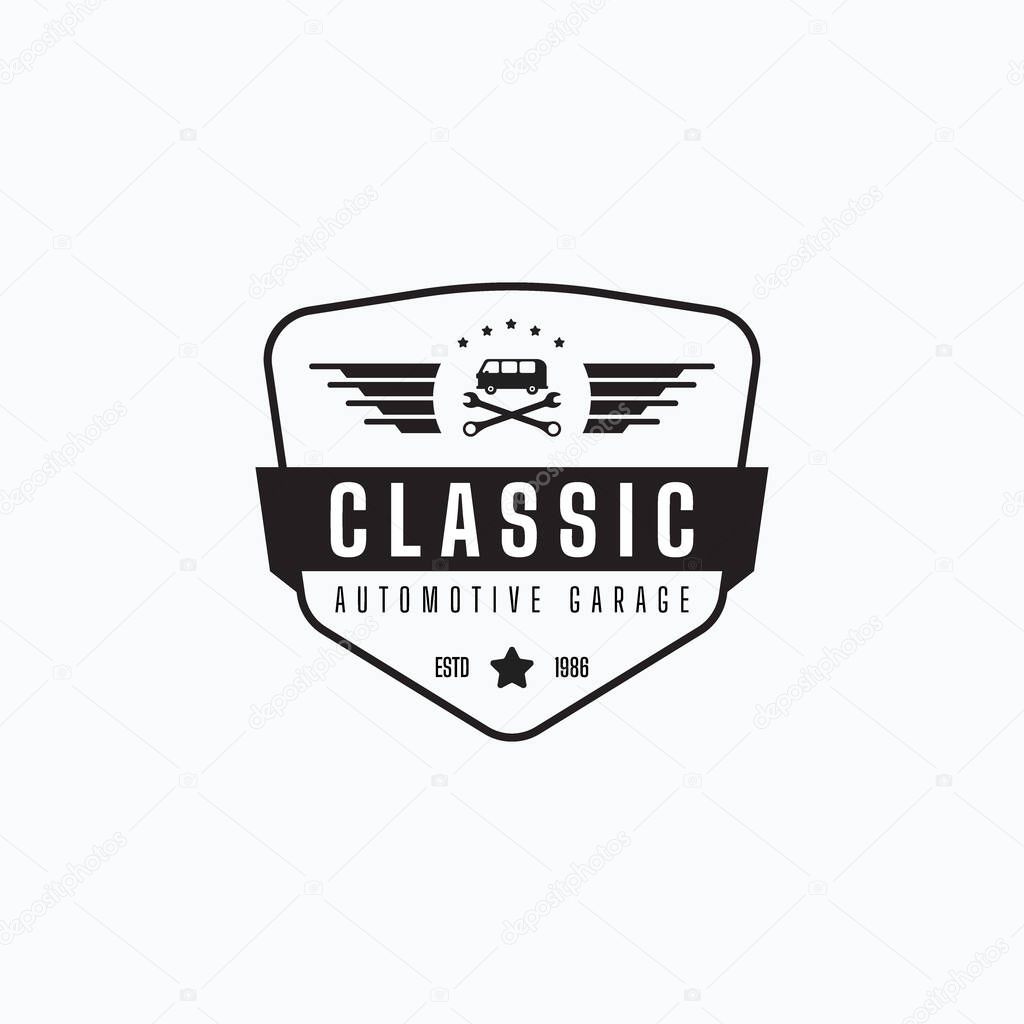 Vintage mechanic badge logo vector illustration design. Automotive service station emblem concept.
