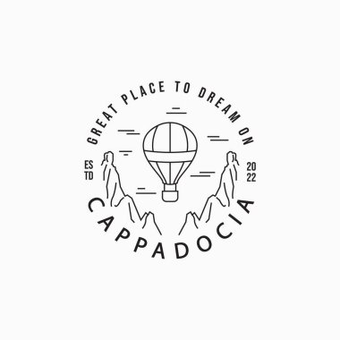 Kapadokya hava balonu festivali logosu. Basit sanat eseri sıcak hava balonu yüzer logo tasarımı. Seyahat eden hava balonu kaya vadisinde yüzer..