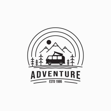 Silhouette camper van on mountain travel vintage logo design. Forest camp vacation summertime. Simple line art travel business logo concept.