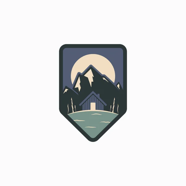 Гірський Котедж Нічному Лісі Вінтажний Дизайн Значка Концепція Логотипу Озерного — стоковий вектор