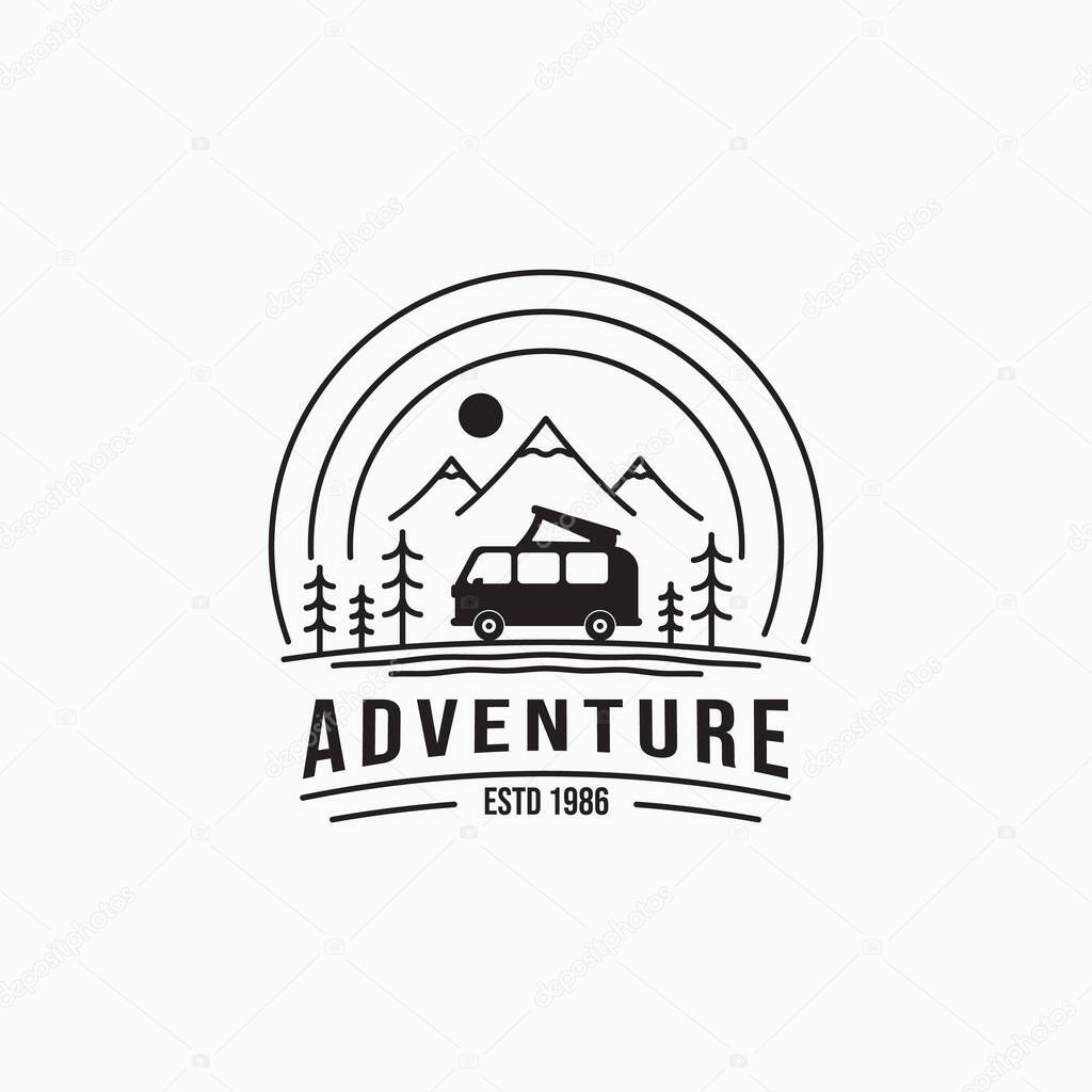 Silhouette camper van on mountain travel vintage logo design. Forest camp vacation summertime. Simple line art travel business logo concept.