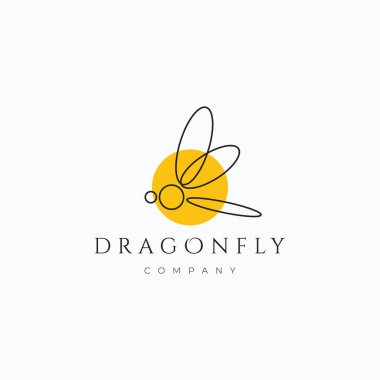 Minimalist çizgi çizgisi yusufçuk sineği logo vektör çizimi tasarımı. Basit modern böcek logosu. Günbatımında uçan yusufçuk.