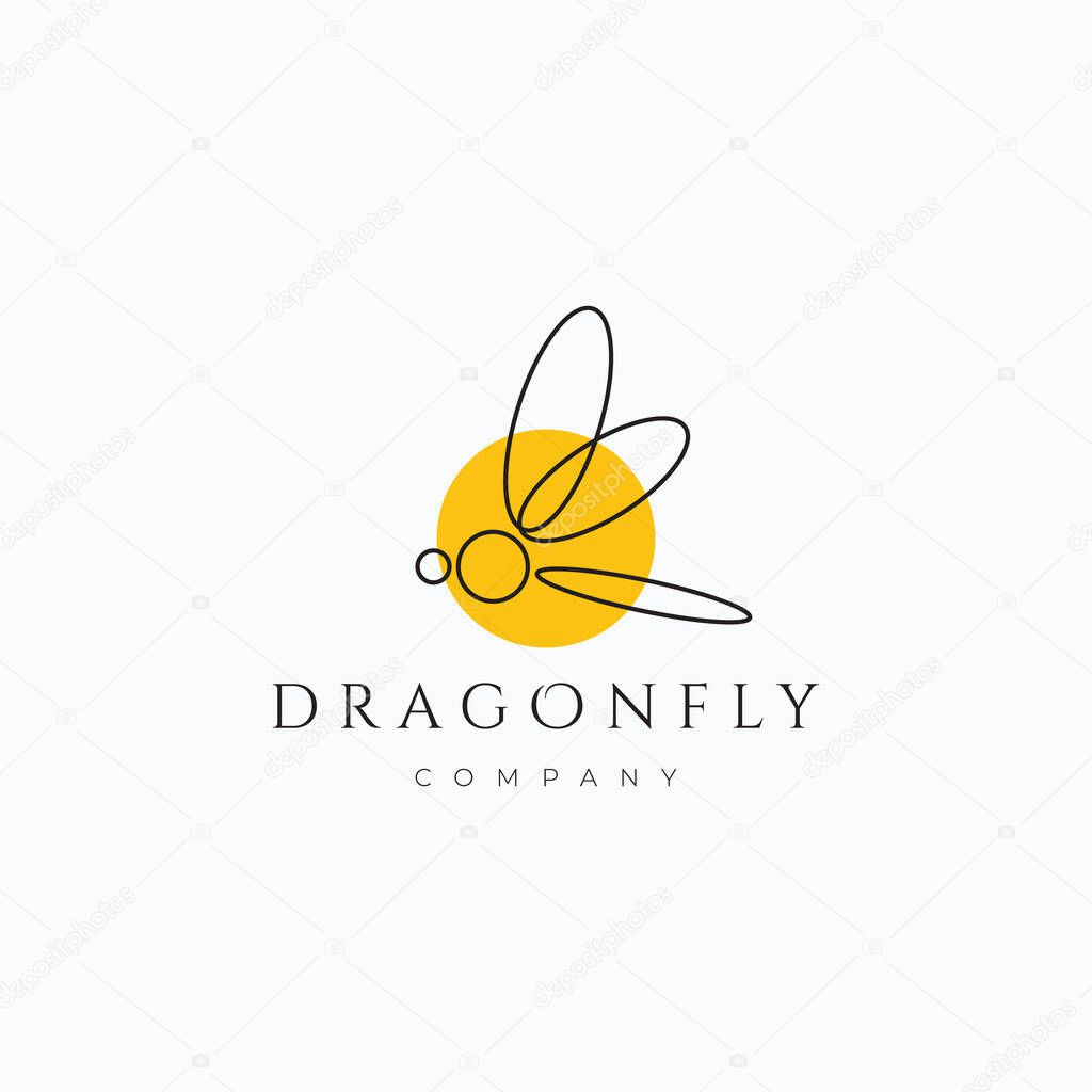 Minimalist line art dragonfly logo vector illustration design. Simple modern insect logo concept. Dragonfly flying on sunset.