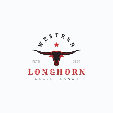 Klasik siluet uzun boynuzlu logo vektör çizimi tasarımı. Klasik uzun boynuzlu sığır kafası iskelet etiketi kavramı..