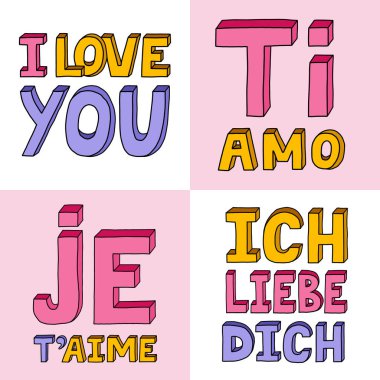 I love you in different languages, in German, French, English, Italian. Vector bold, trendy lettering with hand drawn outline in bright colors. Retro lettering on Valentine's day. Color doodle. clipart