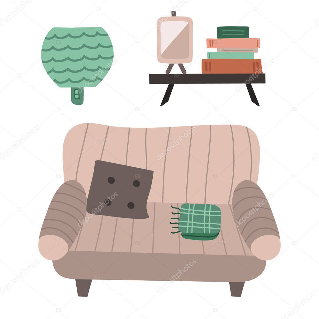 Living room interior in boho style. Lounge with stripped sofa with cushion and blanket, bookshelf, lamp. Cartoon hand drawn illustration. Retro home inside with furniture. Cozy domestic apartment.
