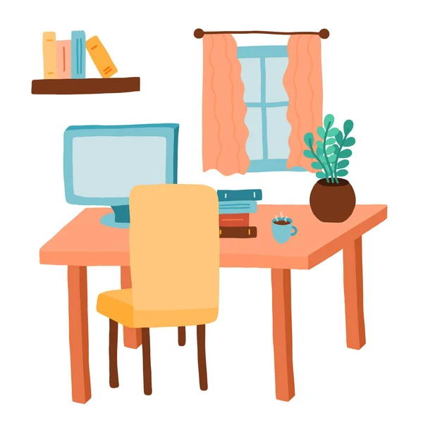 Cartoon Workplace Interior Room Studying Working Home Furniture Desk Computer — Stock Vector