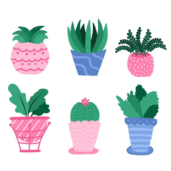 Set Mit Zimmerpflanze Blumen Topf Blattpflanzen Cartoon Stil Hellen Farben — Stockvektor