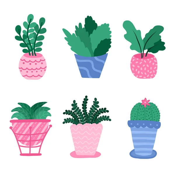 Set Mit Zimmerpflanze Blumen Topf Blattpflanzen Cartoon Stil Hellen Farben — Stockvektor