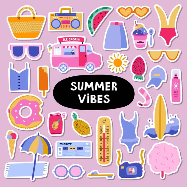 Trendy Set Stickers Summer Holiday Tropical Beach Hot Summer Rest — Stock Vector