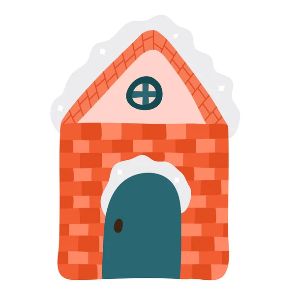 Кирпичный Дом Зимней Деревни Блестящим Снегом Крыше Забавным Окном Чердак — стоковый вектор