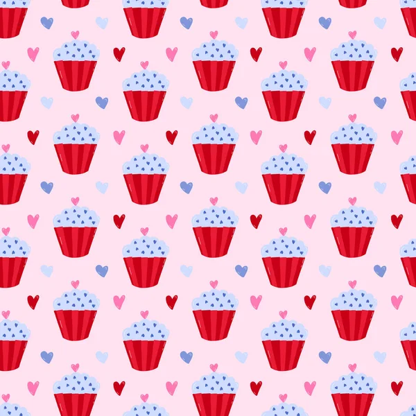 Cute Colorful Vector Seamless Hand Drawn Pattern Sweet Cupcake Hearts — Stock Vector