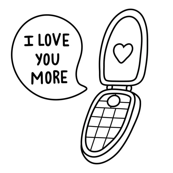 Retro Flip Phone Doodle Message Bubble Litertering Kocham Cię Bardziej — Wektor stockowy