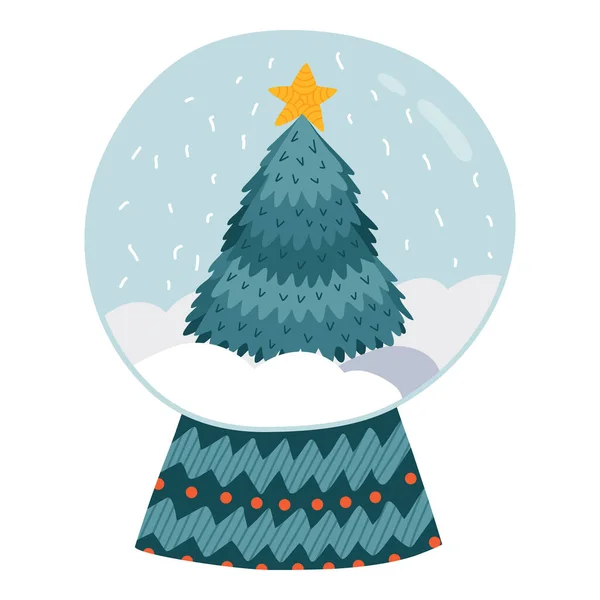 Niedliche Handgezeichnete Schneekugel Mit Weihnachtsbaum Mit Stern Darüber Und Schneeflocken — Stockvektor