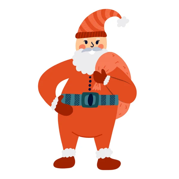 Netter Handgezeichneter Fröhlicher Weihnachtsmann Der Mit Geschenktüte Auf Dem Rücken — Stockvektor