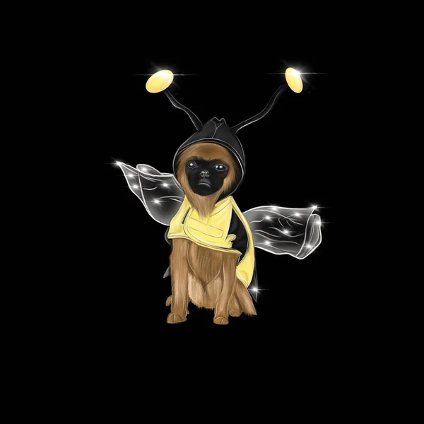 Illustration of a fabulous animal in a bee costume with wings, fashion illustration,3D - image on a black background