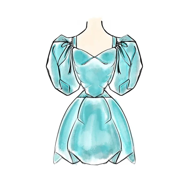 Illustrazione vettoriale di un vestito femminile carino alla moda nei toni del blu con maniche gonfie — Vettoriale Stock