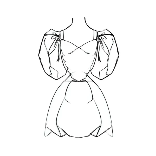Esboço de vetor de um pequeno vestido na moda com mangas de sopro, ilustração de moda, linhas pretas — Vetor de Stock
