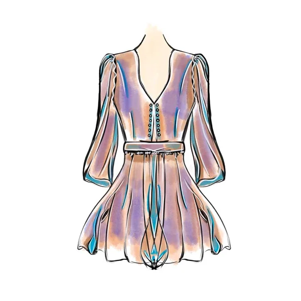 Векторная иллюстрация женского светлого платья с летающей юбкой в оттенках фиолетового и синего, модная иллюстрация — стоковый вектор