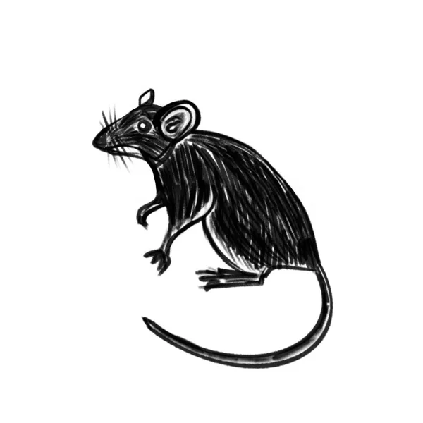 小さな黒いマウス、黒い線のベクトルスケッチ — ストックベクタ