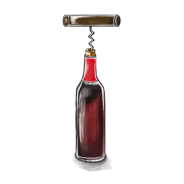 Illustrazione vettoriale di una bottiglia di vino rosso con cavatappi, illustrazione a colori — Vettoriale Stock