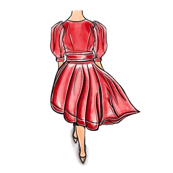Wektor Ręcznie Rysowany Ilustracja Czerwonej Kobiety Delikatna Sukienka Latającą Spódnicą — Wektor stockowy