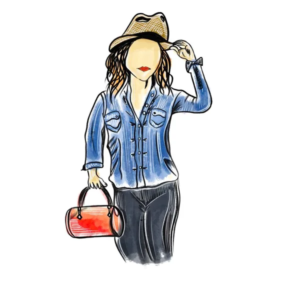 Illustration vectorielle d'une fille à la mode dans un chapeau et avec un sac, illustration de mode — Image vectorielle