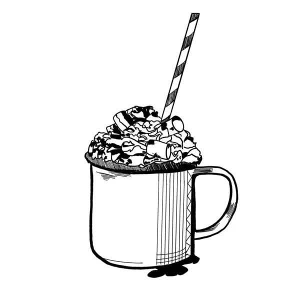 Vektor Nakreslený Náčrt Sladkého Dezertu Marshmallow Hrnečku Doodle Styl Černými — Stockový vektor