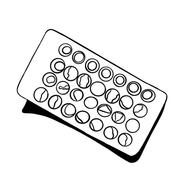 Croquis Vectoriel Pilules Médicales Sur Une Plaquette Thermoformée Style Gribouillis — Image vectorielle