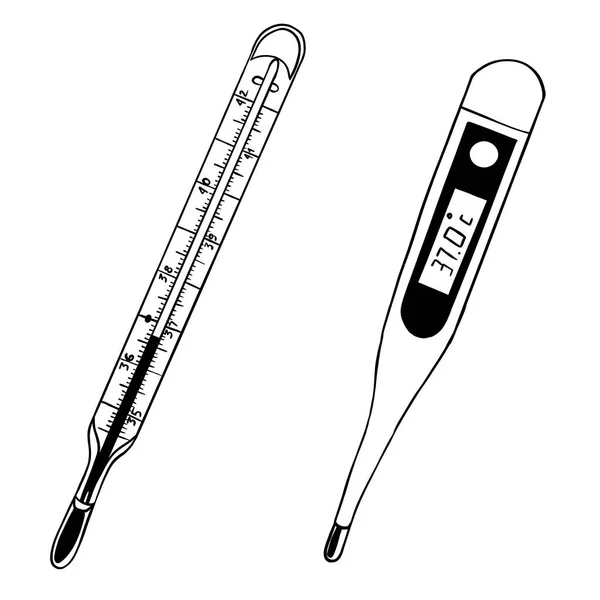 Schizzo disegnato vettoriale di due termometri medici, stile doodle con linee nere — Vettoriale Stock