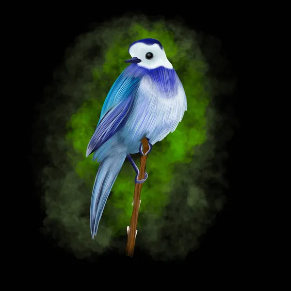 Ilustración dibujada de un pajarito de color azul sentado en una rama — Foto de Stock