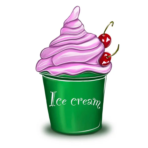 Prosta ilustracja zielonego kubka z różowymi lodami izolowane — Zdjęcie stockowe