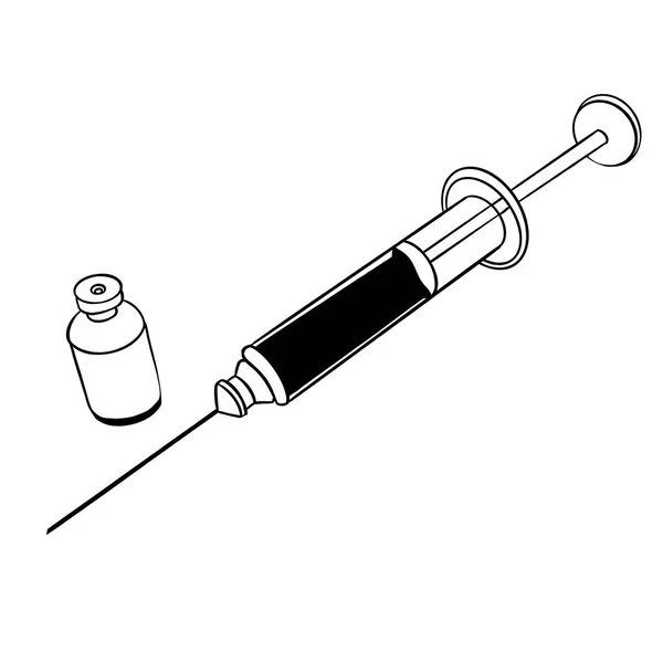 Croquis vectoriel d'une aiguille médicale avec ampoule, style doodle avec lignes noires — Image vectorielle
