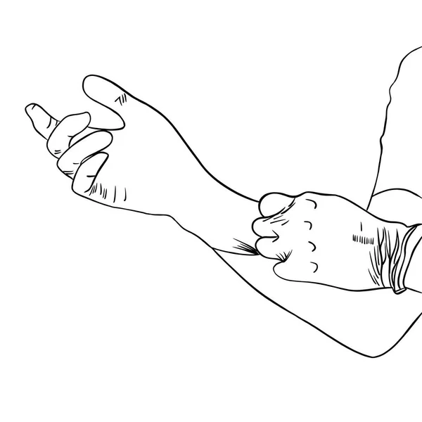 Boceto vectorial de la mano de un médico que se pone guantes, líneas negras estilo garabato — Vector de stock