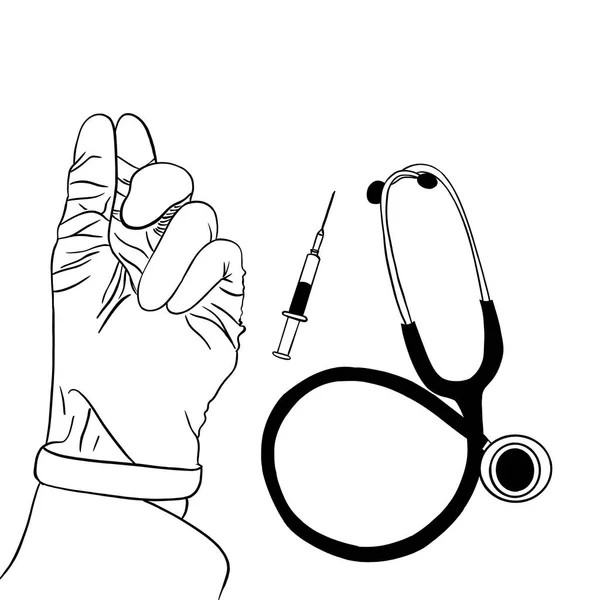 Esboço de vetor de uma mão de doutores, estetoscópio e seringa, estilo de doodle com linhas pretas —  Vetores de Stock