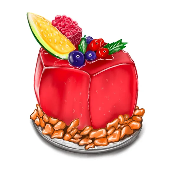 Umění ilustrace ručně kreslený kus červeného dortu s kousky ovoce izolované — Stock fotografie
