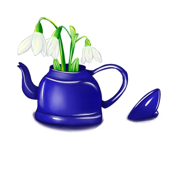 3D-IMAGE. 파란 찻주전자에 들어 있는 눈송이 꽃 을묘 사 한 삽화 — 스톡 사진